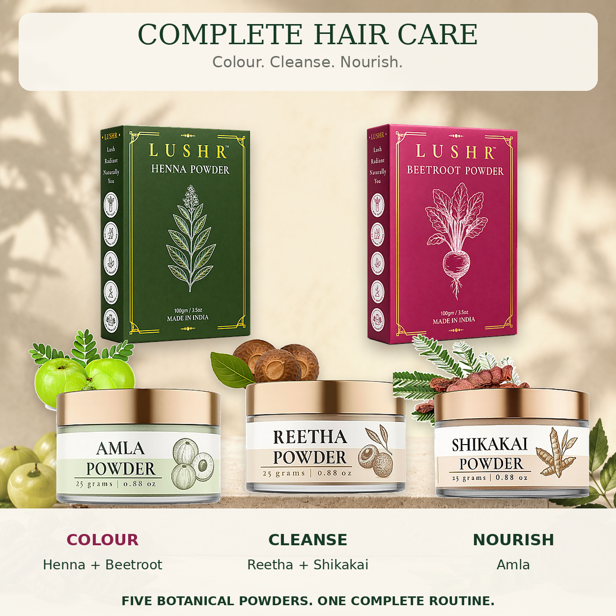 Lushr Hair Colour Kit — Henna, Beetroot, Amla, Reetha & Shikakai | 5-in-1