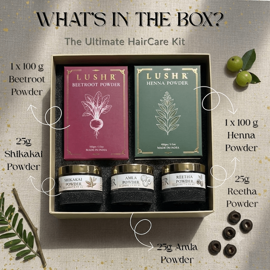 Lushr Hair Colour Kit — Henna, Beetroot, Amla, Reetha & Shikakai | 5-in-1 - LUSHR