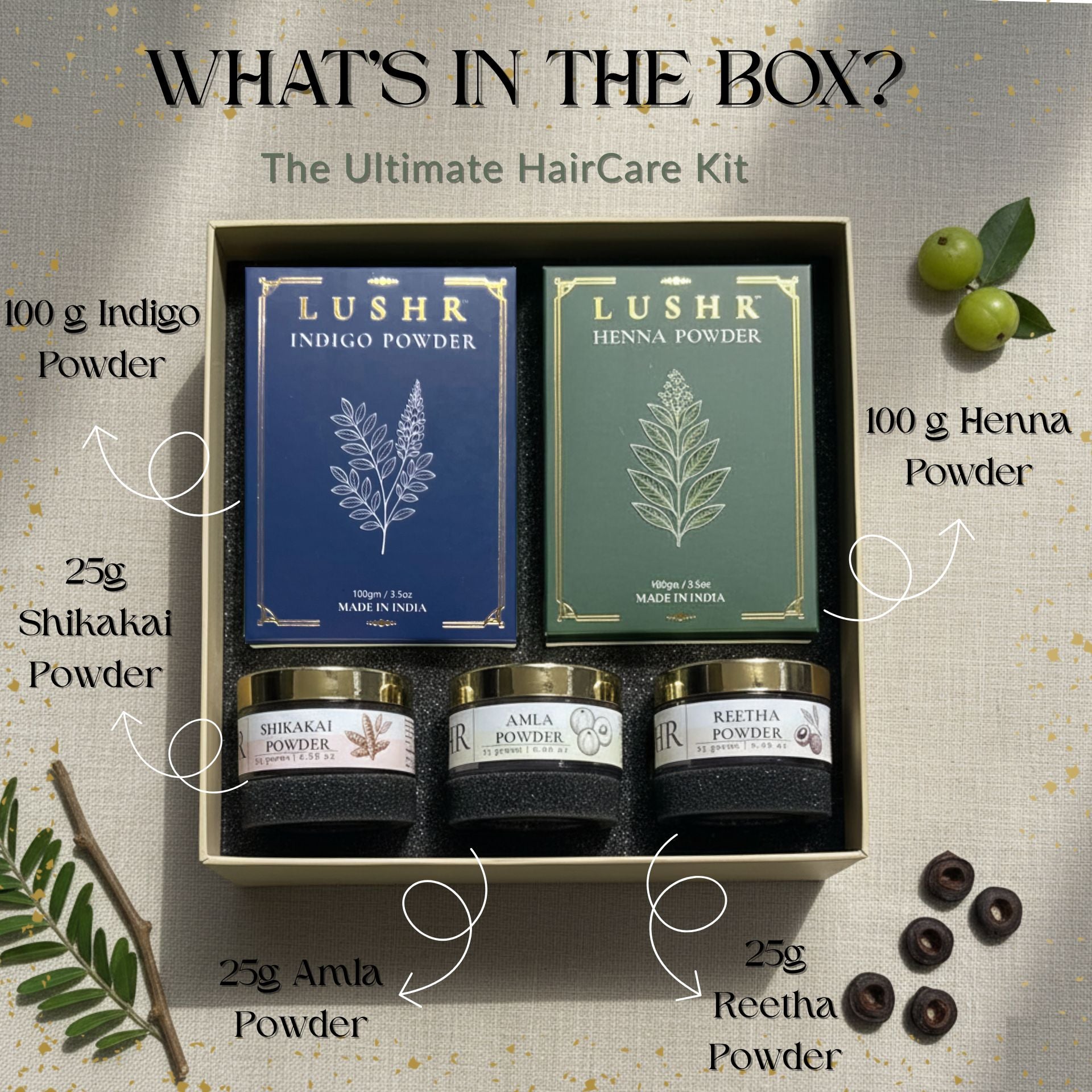 Lushr Hair Colour Kit — Henna, Indigo, Amla, Reetha & Shikakai | 5 - in - 1 - LUSHR