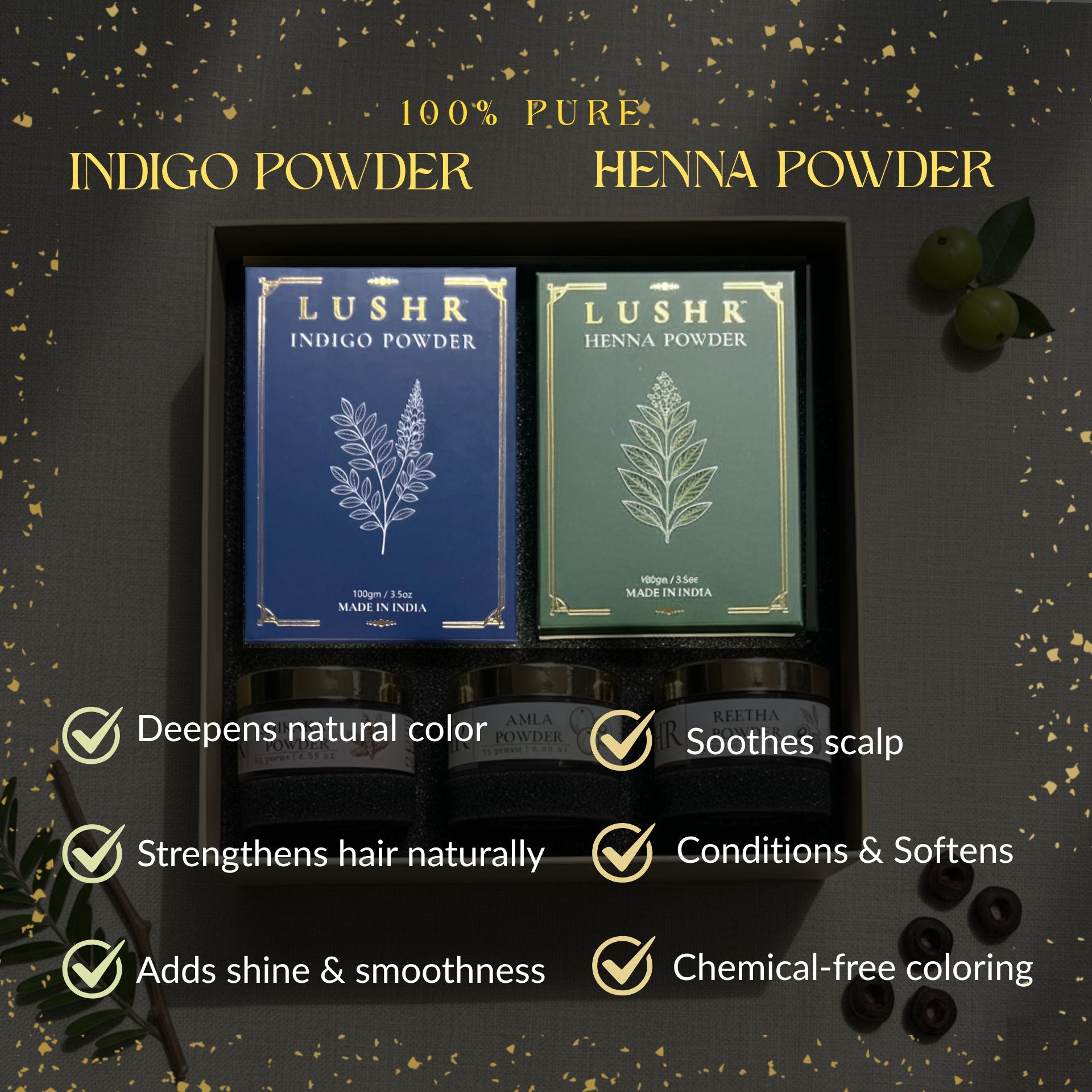 Lushr Hair Colour Kit — Henna, Indigo, Amla, Reetha & Shikakai | 5 - in - 1 - LUSHR